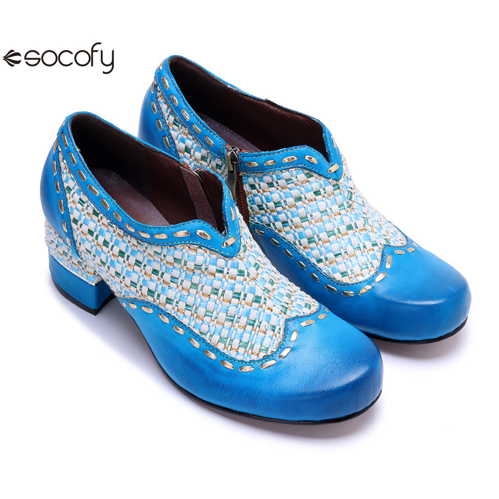 Socofy Genuine Leather Vintage Boho Woven Side Zipper Pumps