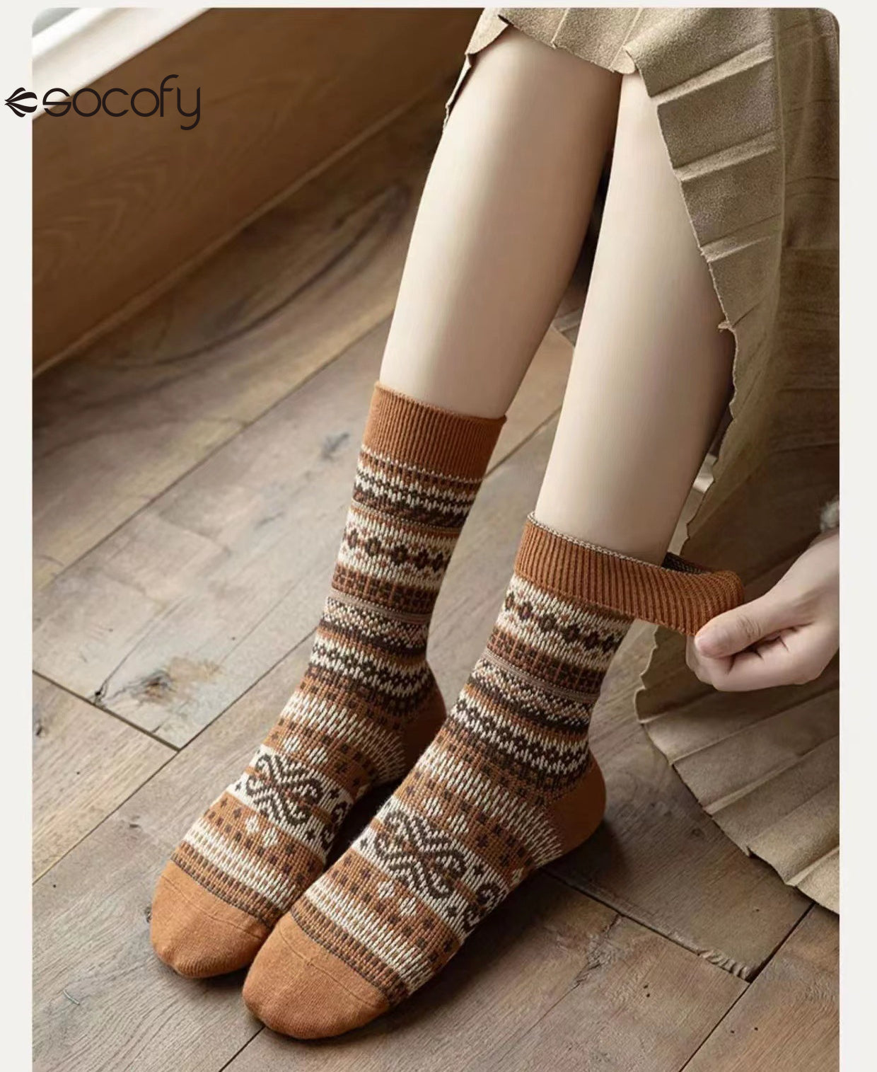 Socofy Vicconfy Mid-calf Socks Vintage Ethnic Striped Cotton Socks