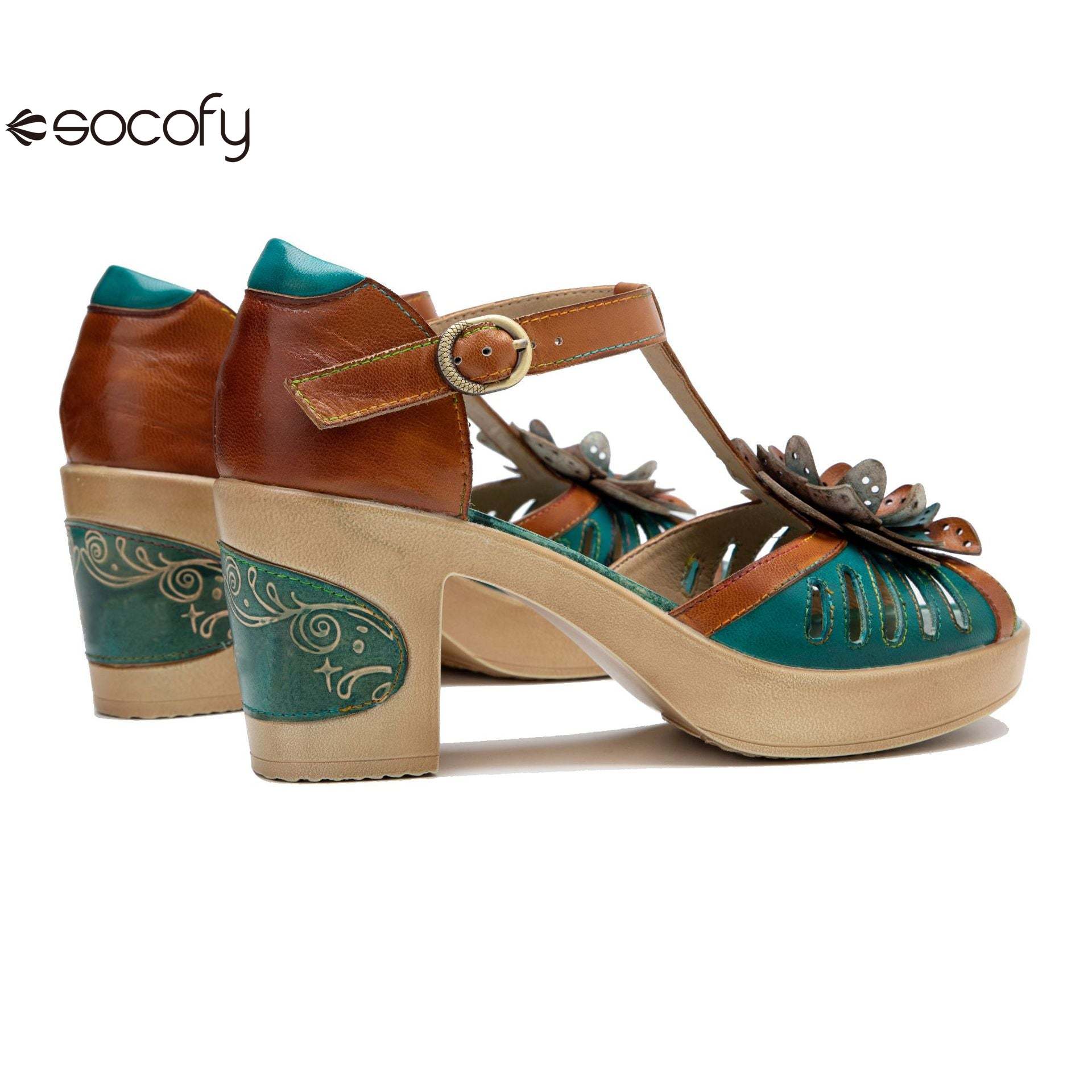 Socofy spring and summer leather retro casual three-dimensional flowers buckle strap women's sandals