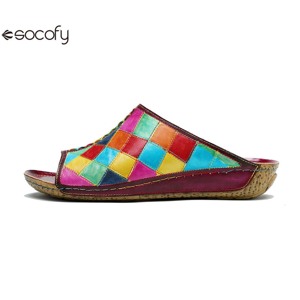 Socofy new summer style genuine leather retro plaid comfortable flat women's slippers