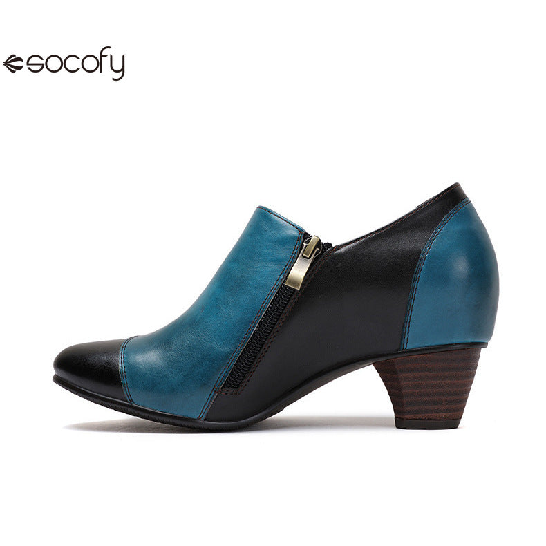 Socofy Vicconfy Genuine Leather Ethnic Style Handmade Vintage Literary Buckle Heels