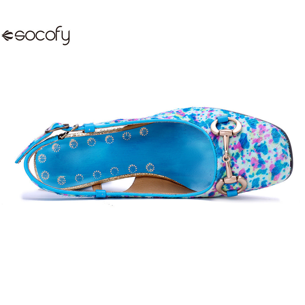 Socofy Handmade Leather Crushed Flower Chunky High Heeled Sandals