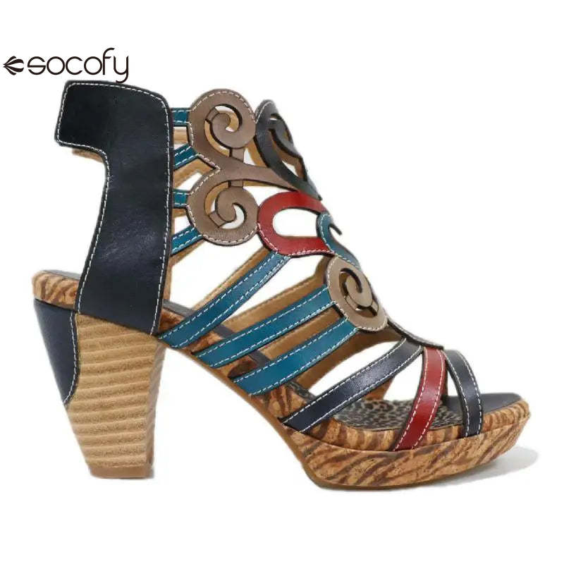 Socofy Genuine Leather Hook & Loop Mixed Colors Retro Sewing Casual High Heels Women Shoes