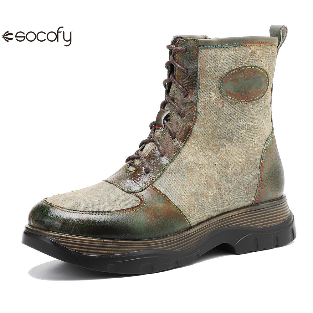 Socofy Vicconfy Genuine Leather Vintage Lace-Up Comfort Boots