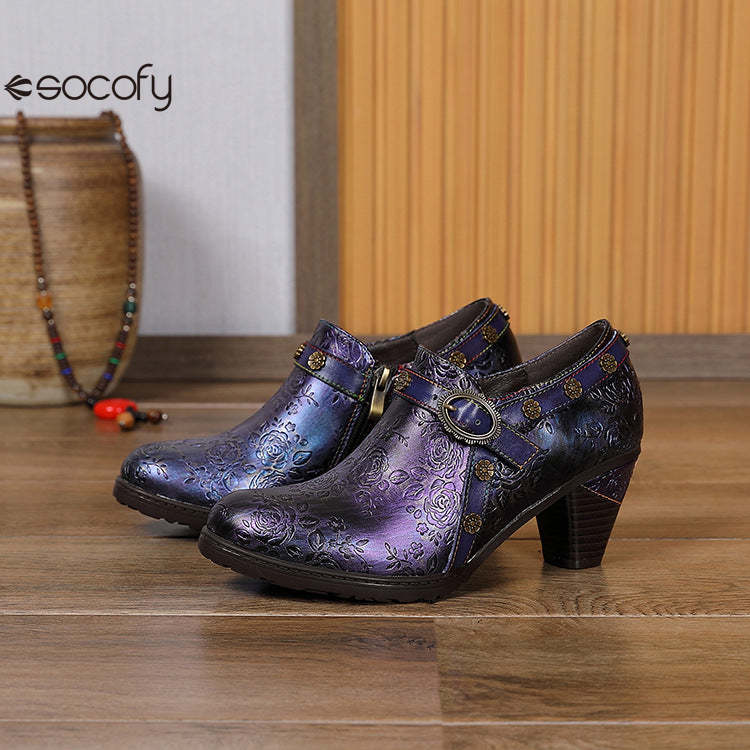 Socofy Ethnic style thick heel retro shoes pumps