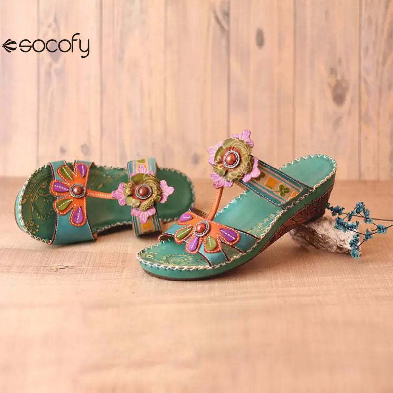 Socofy Spring Summer Hand-painted Genuine Leather Flower Wedges Slides Handmade Ladies Slippers