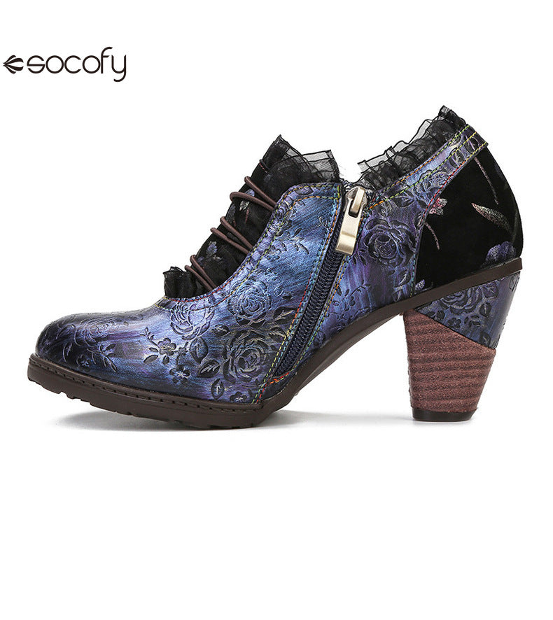 Socofy Vicconfy Genuine Leather Lace Trim Vintage Floral Illusion Heels