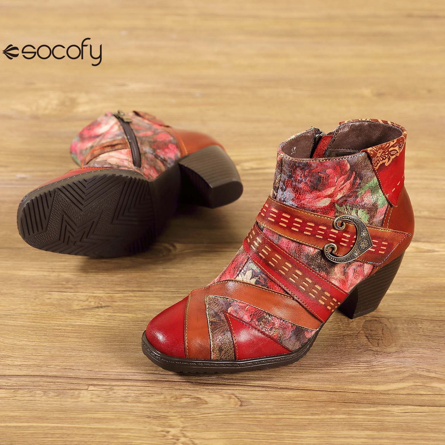 Socofy Retro leather stitching high ethnic style flower women's boots