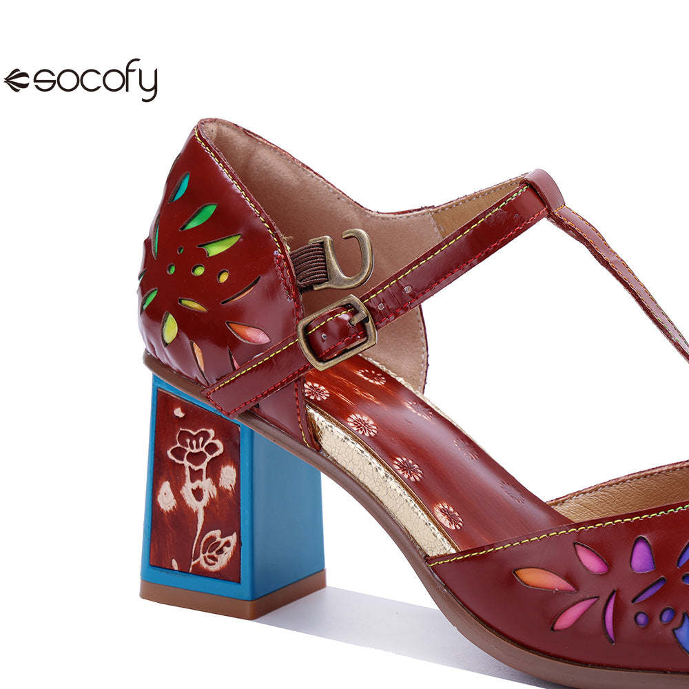 Socofy Vicconfy Women's Leather Handmade Color Rubbed Hollow Flower Square Heel High Heeled Sandals