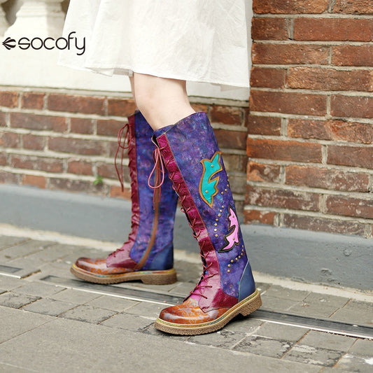 Socofy Vicconfy Locomotive Texture Dark Flower Women's Boots Flat Women's Boots 1000