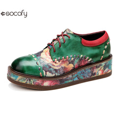 Socofy Vicconfy Retro Muffin Heel Comfortable Printed Round Toe Leather Women's Shoes Loafers