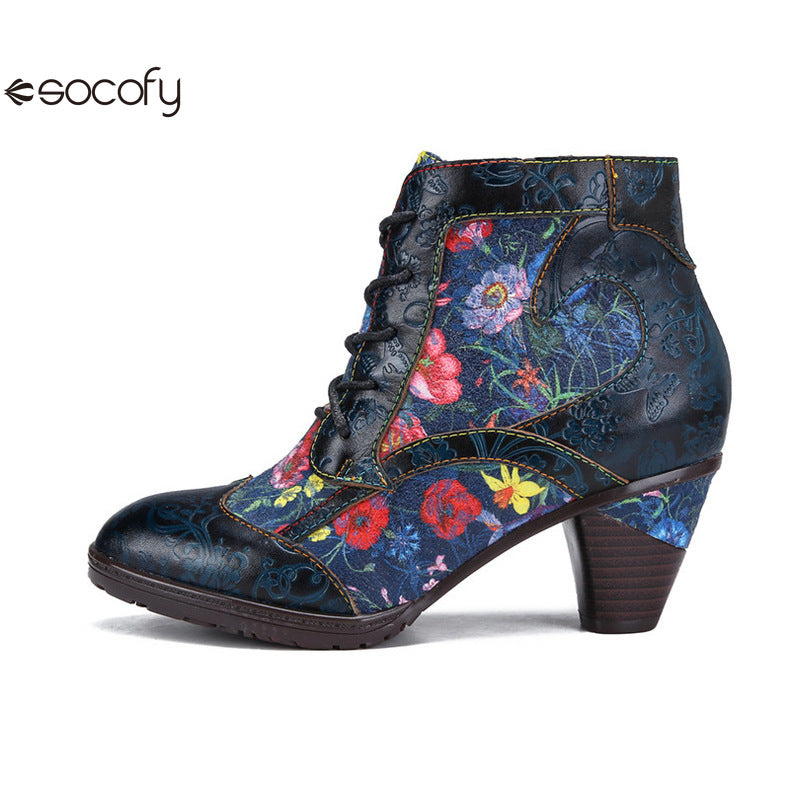 Socofy Vicconfy Vintage Floral Cowhide Ethnic Women's Leather Boots