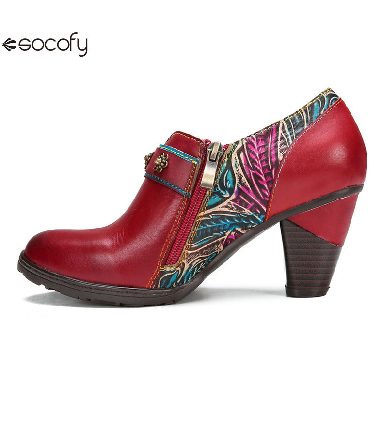 Socofy Vicconfy Genuine Leather Flower Buckle Side Zipper Pumps