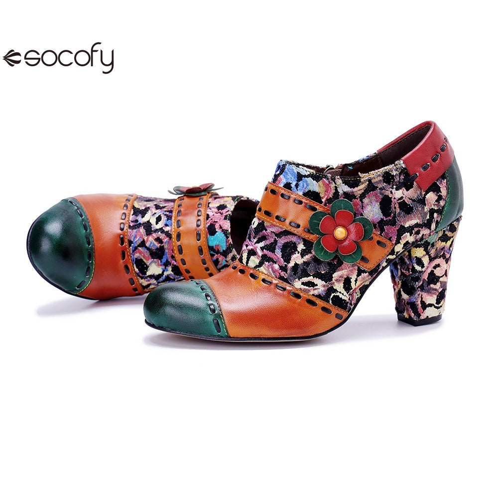 Socofy Genuine Leather Vintage Floral Chunky Heeled Women Pumps