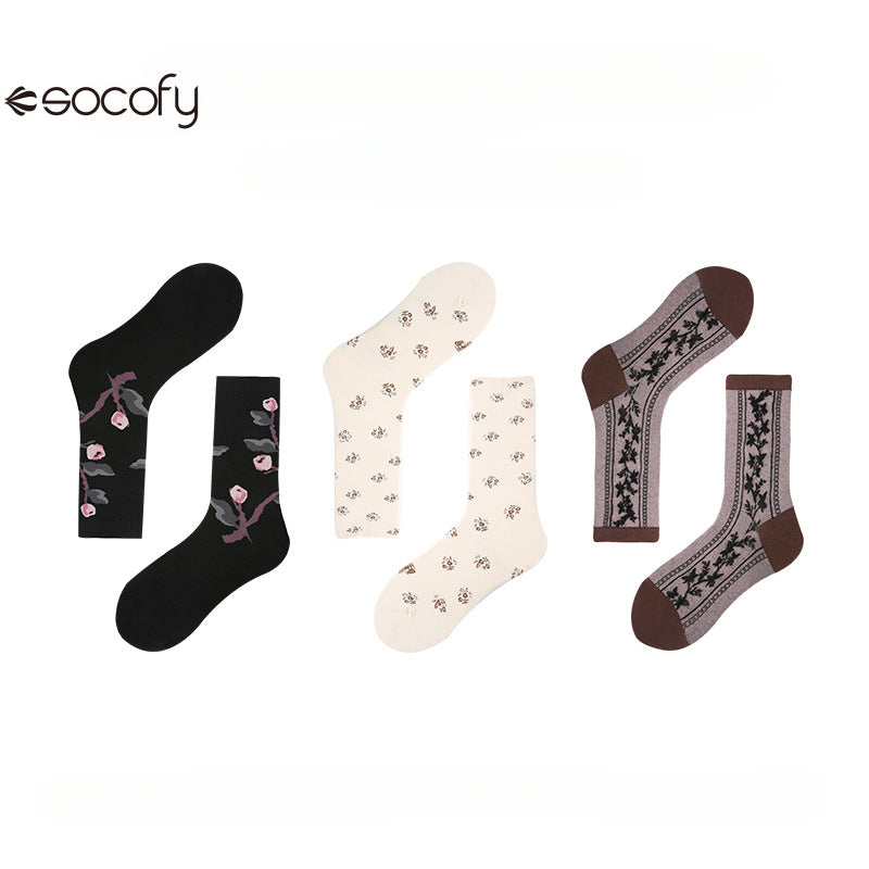 Socofy Vintage mid-calf socks for women combed cotton fashion socks