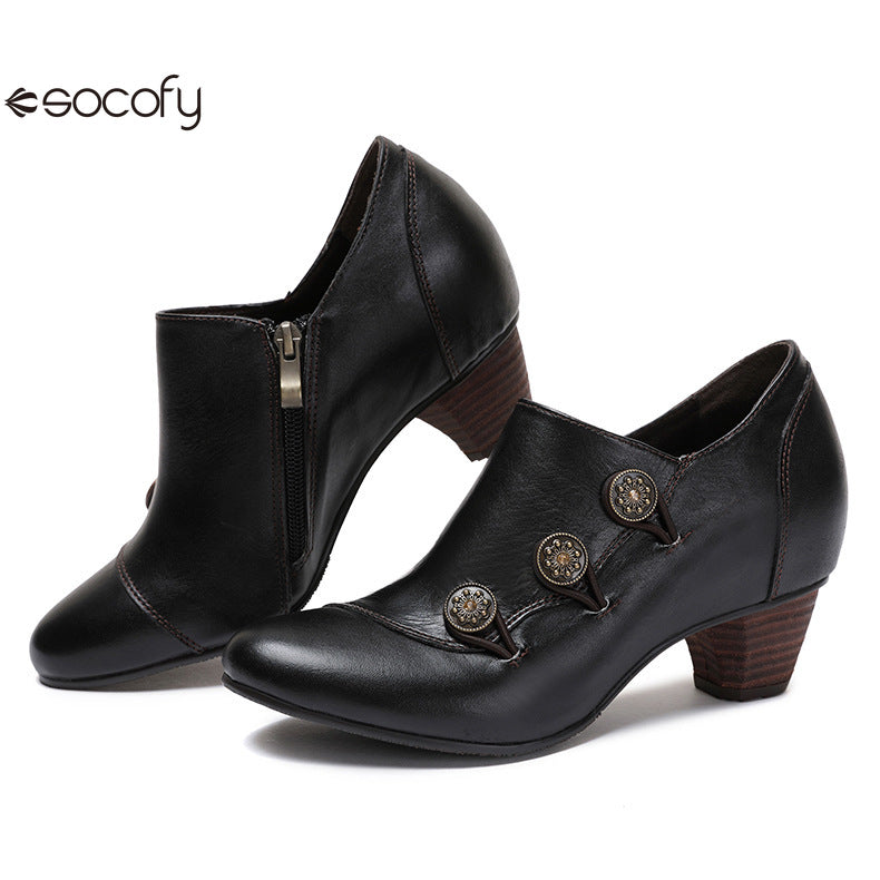 Socofy Vicconfy Genuine Leather Ethnic Style Handmade Vintage Literary Buckle Heels