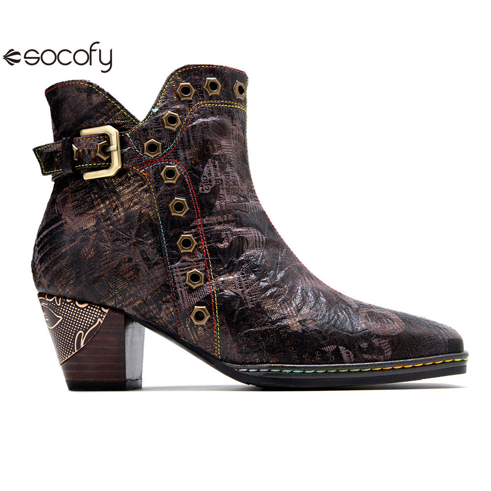 Socofy Vicconfy Genuine Leather Vintage Dark Gothic Women's Boots