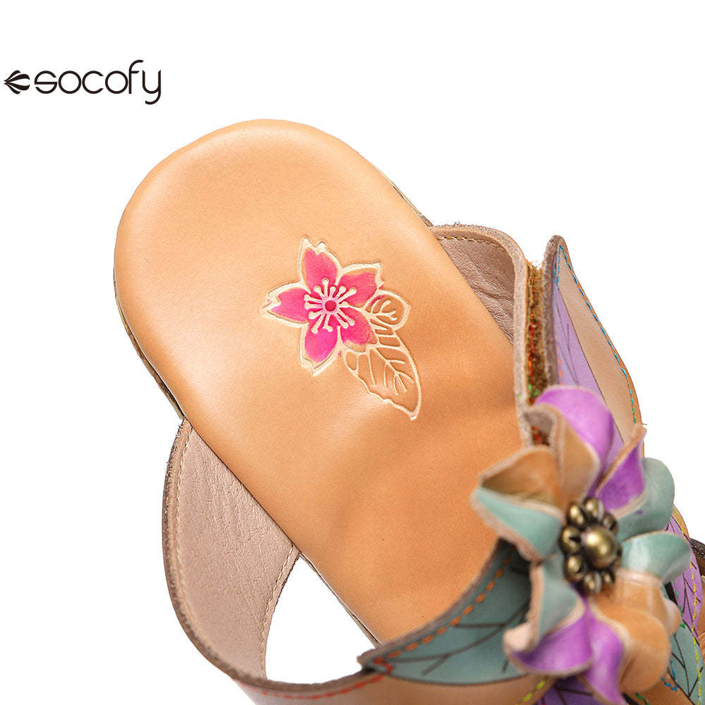 Socofy Vicconfy Flower Patchwork Head Cowhide High Heel Women's Sandals Slippers