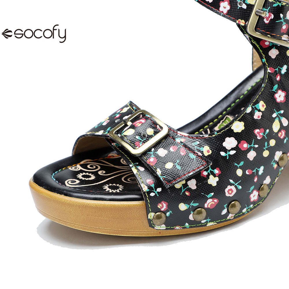 Socofy Leather Vintage Floral American Rustic Heeled Sandals