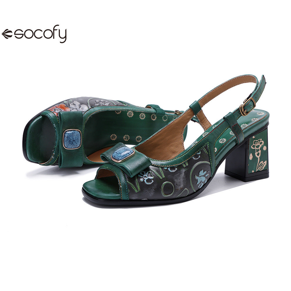 Socofy Handmade Leather Cubic Embossed Heeled Sandals