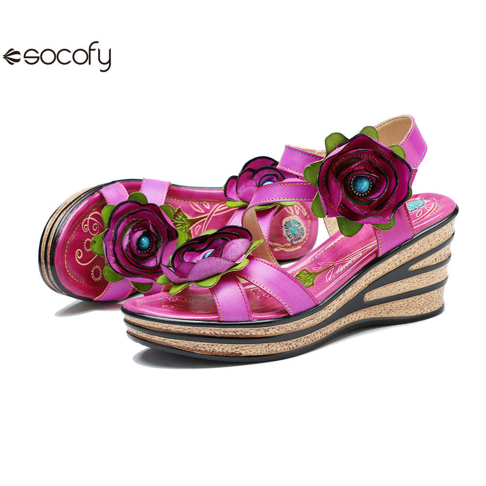 Socofy summer leather three-dimensional flowers comfortable sloping sandals