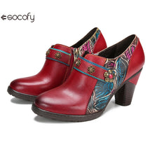 Socofy Vicconfy Genuine Leather Flower Buckle Side Zipper Pumps