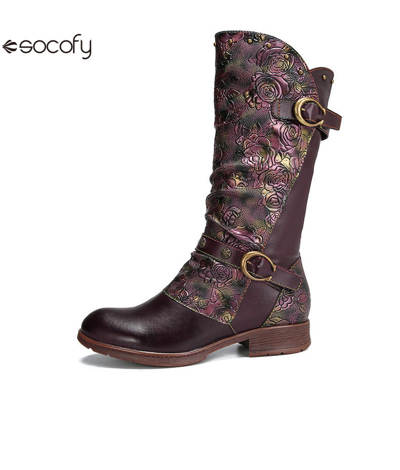 Socofy Vicconfy Side Zipper Vintage Floral Flat Heel Long Boots