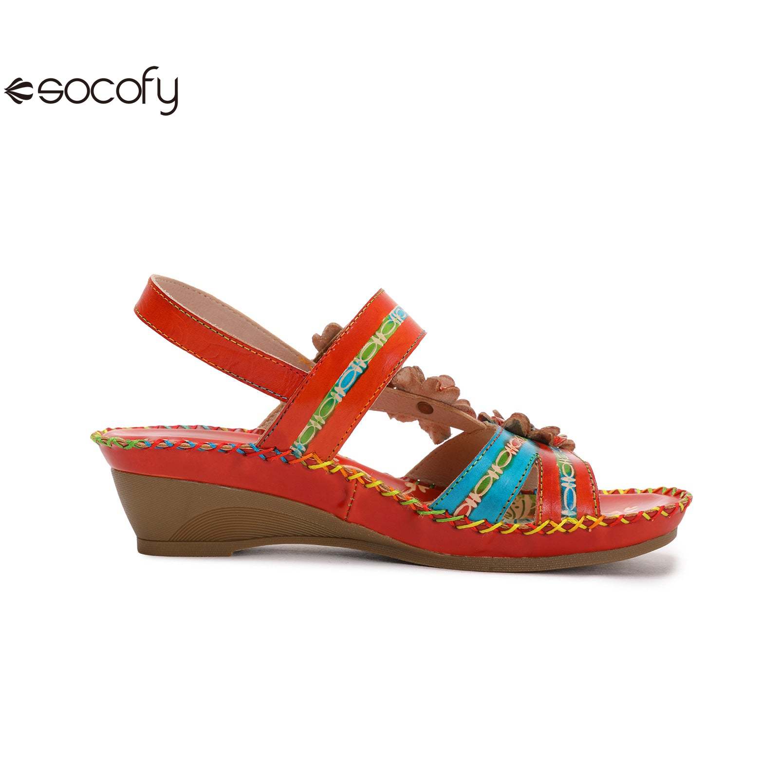 Socofy Vicconfy Summer genuine leather ethnic style wedge heel retro casual fashion flower decorated sandals