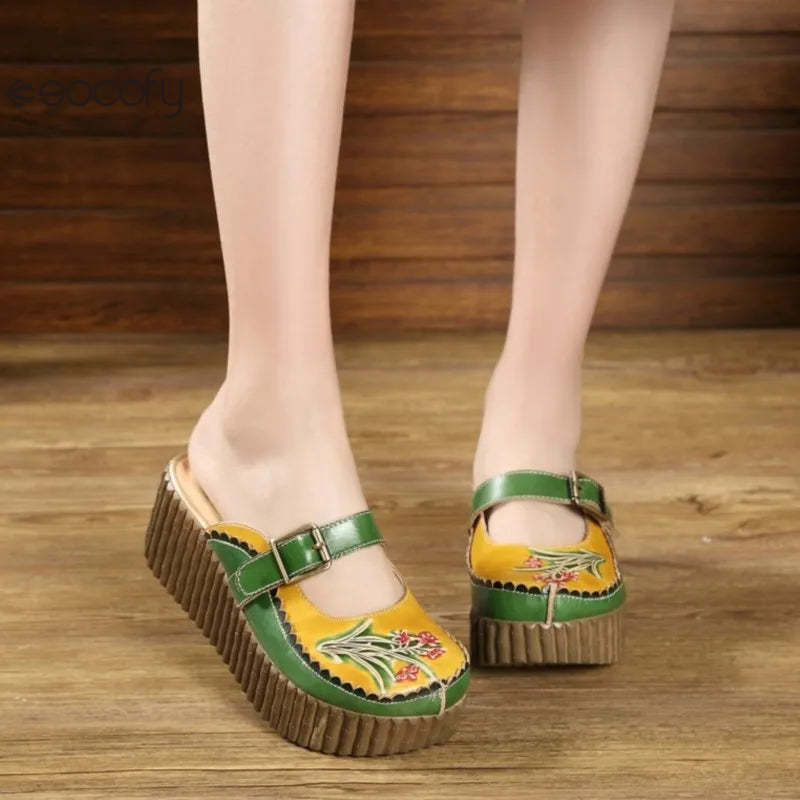 Socofy Ethnic Style Genuine Leather Hand-painted Outside Wedges Slides Retro Platform Slippers