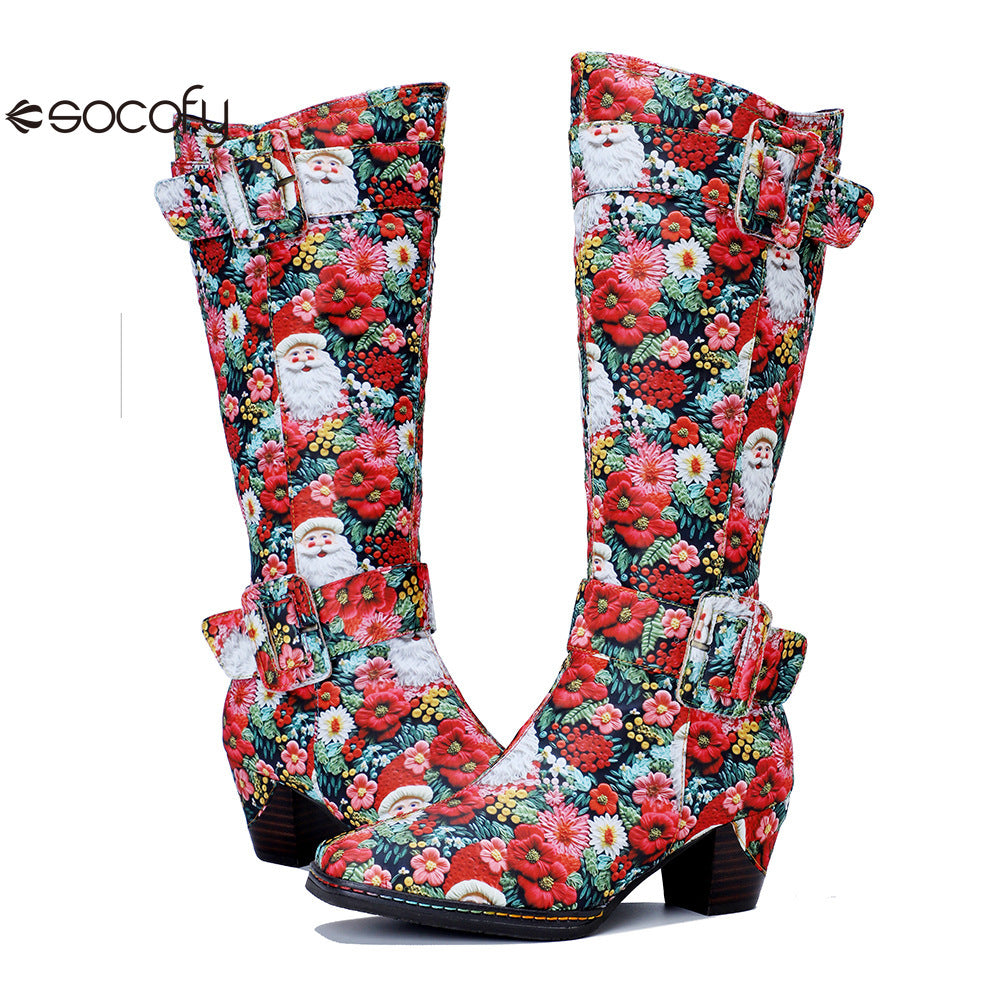 Chrismas Exclusive｜Socofy Vicconfy Vintage Print Casual Chunky Heel Comfort High Boots