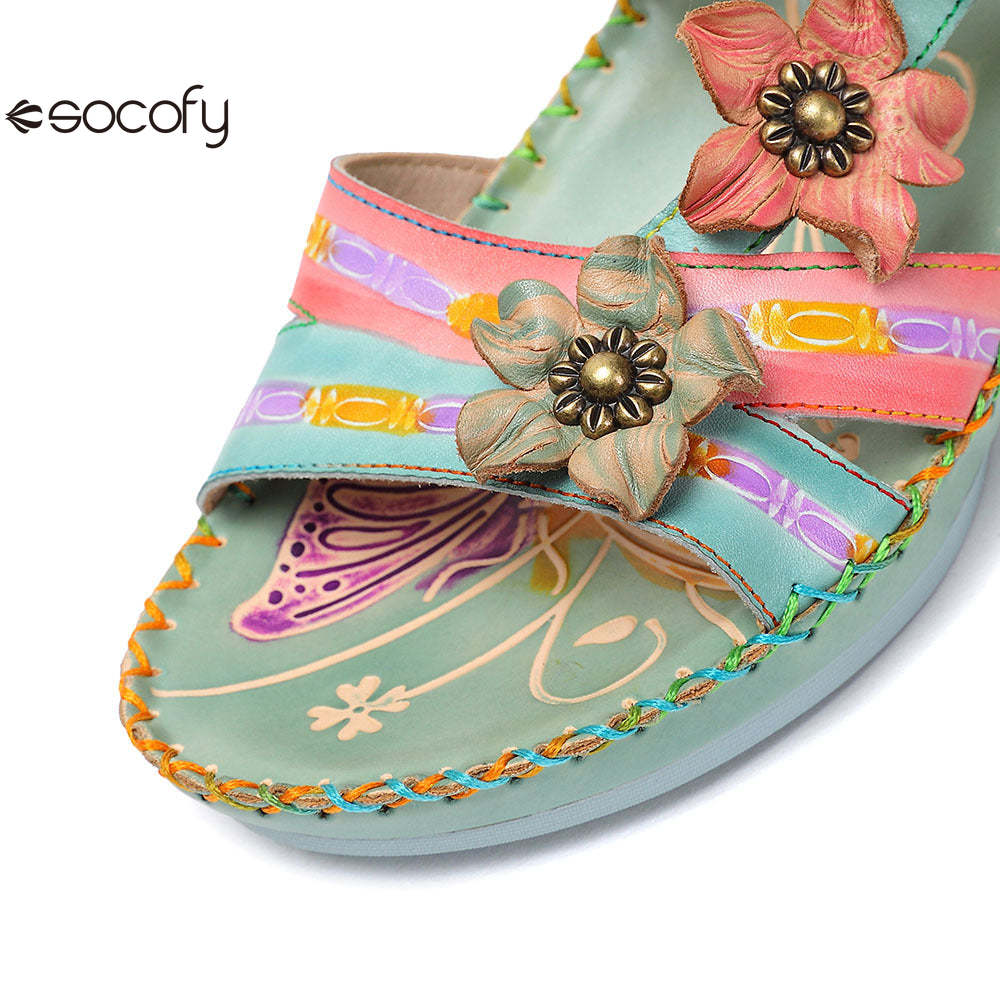 Socofy Vicconfy Genunie Leather Floral Handmade Women's Sandals