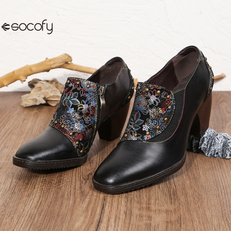 Socofy Vicconfy Round Toe Leather Fashion Side Zipper Heels Single Shoes Women's Shoes