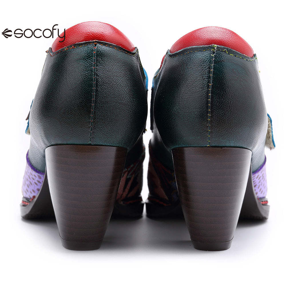 Socofy retro printing splicing ethnic style high heels women's shoes