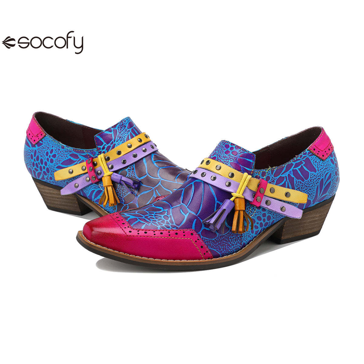 Socofy Leather Vintage Cowboy Style Women's Shallow Mouth Single Shoes