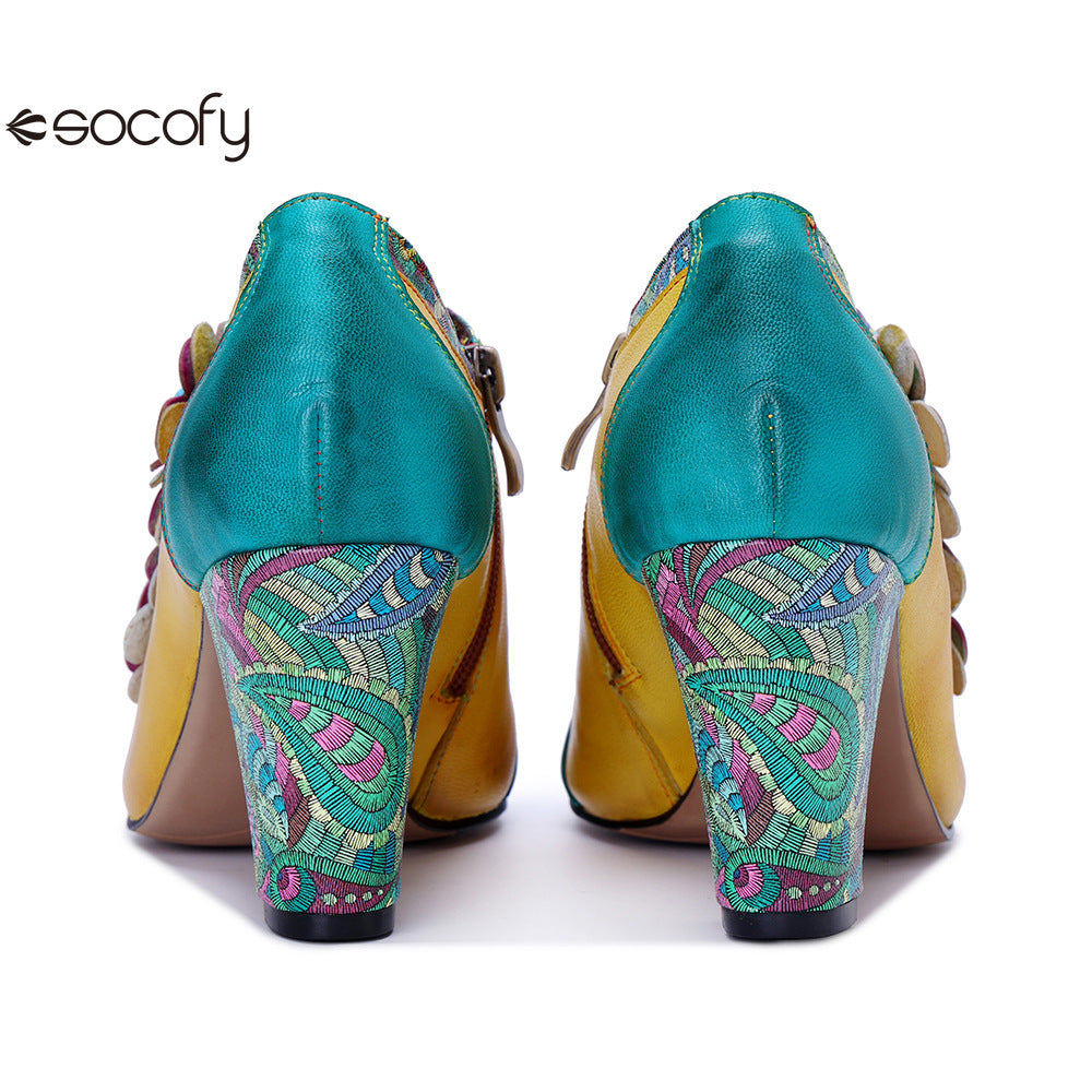 Socofy Leather Genuine Leather Vintage Floral Chunky Heeled Pumps