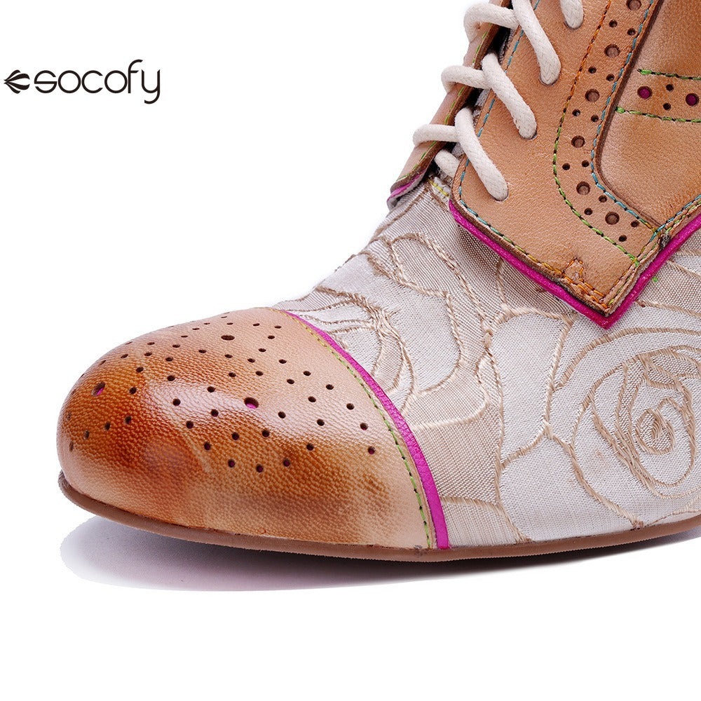 Socofy Genuine leather vintage splicing rose fashion lace-up high heels shoes