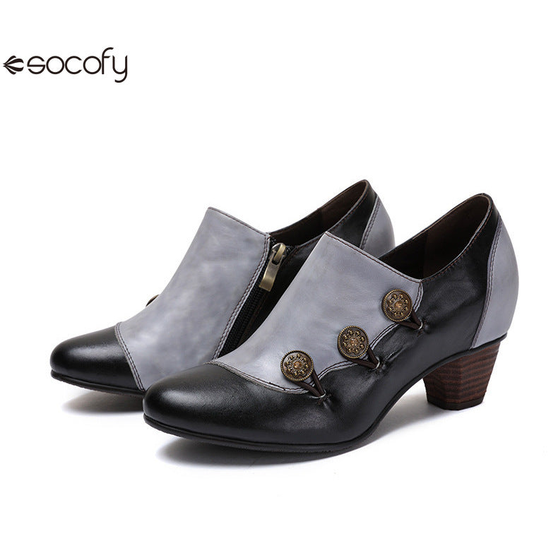 Socofy Vicconfy Genuine Leather Ethnic Style Handmade Vintage Literary Buckle Heels