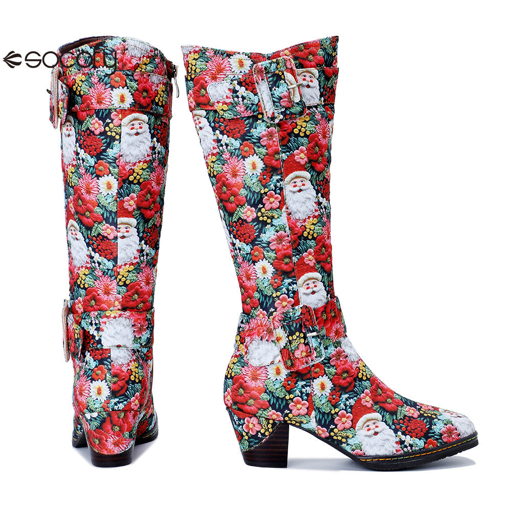 Chrismas Exclusive｜Socofy Vicconfy Vintage Print Casual Chunky Heel Comfort High Boots