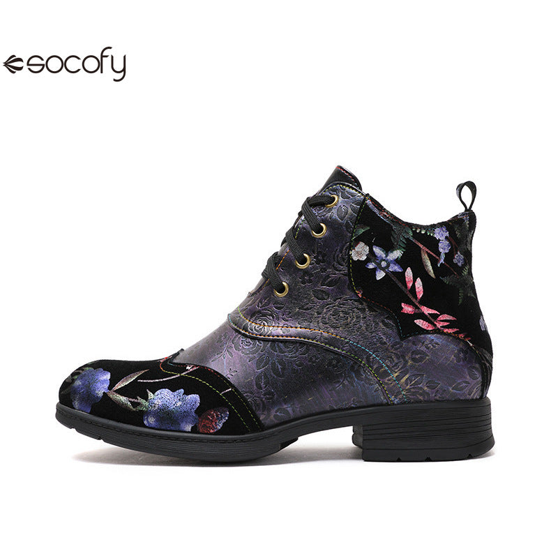 Socofy Vicconfy Genuine Leather Ethnic Illusion Blue Purple Vintage Ankle Boots