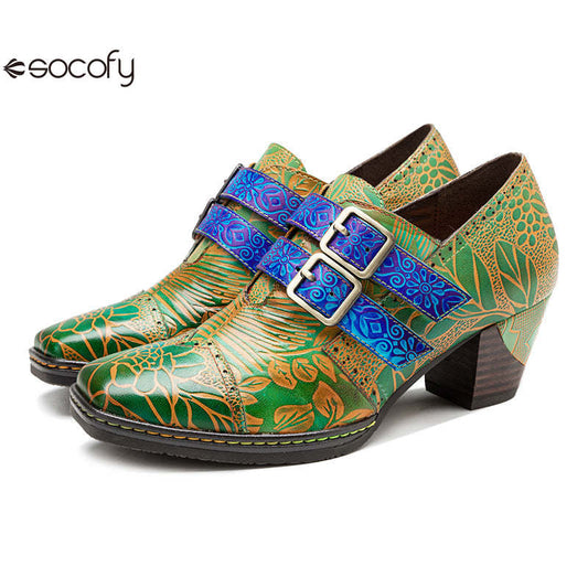 Socofy genuine leather green printed pastoral style retro thick heel women's high heels 800