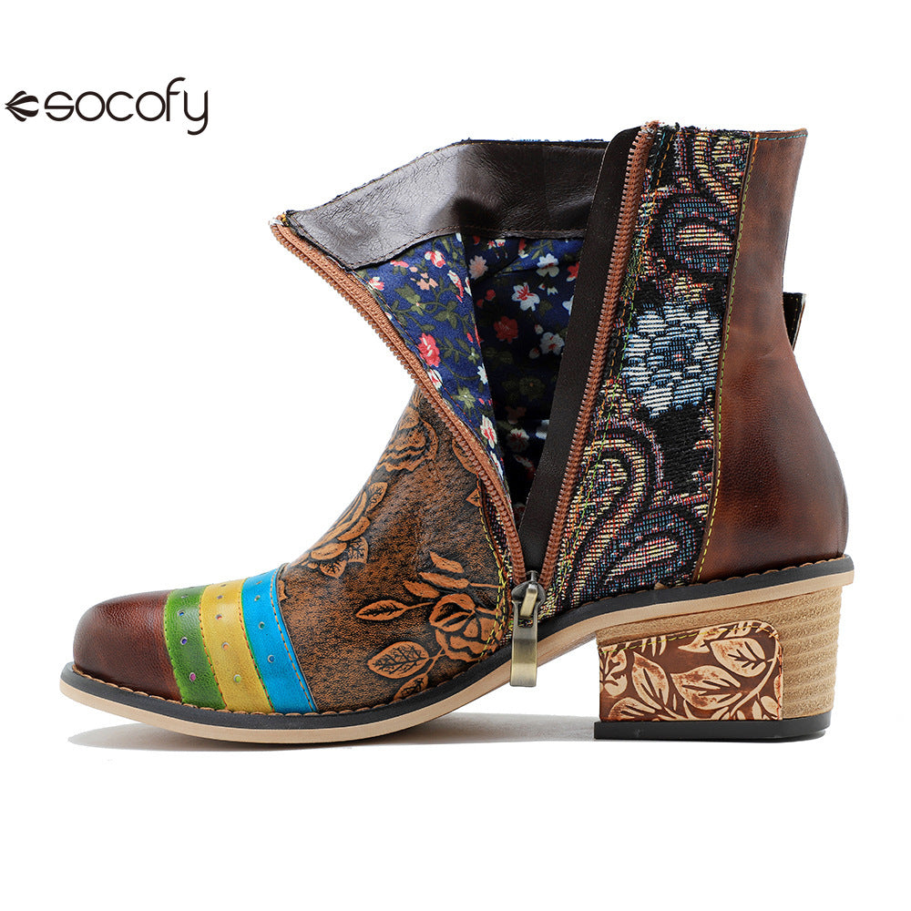 Socofy Vicconfy Genuine Leather Floral Vintage Casual Comfort Ankle Boots