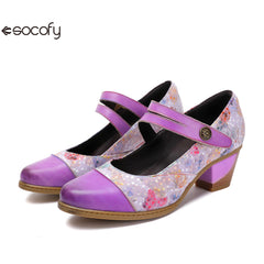 Socofy Vicconfy Genuine Leather Ethnic Vintage Style High Heeled Shoes