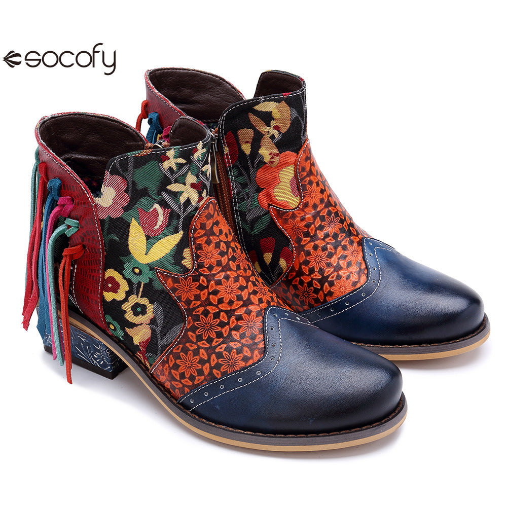 Socofy Vicconfy Leather Printed Fringe Cowboy Boots