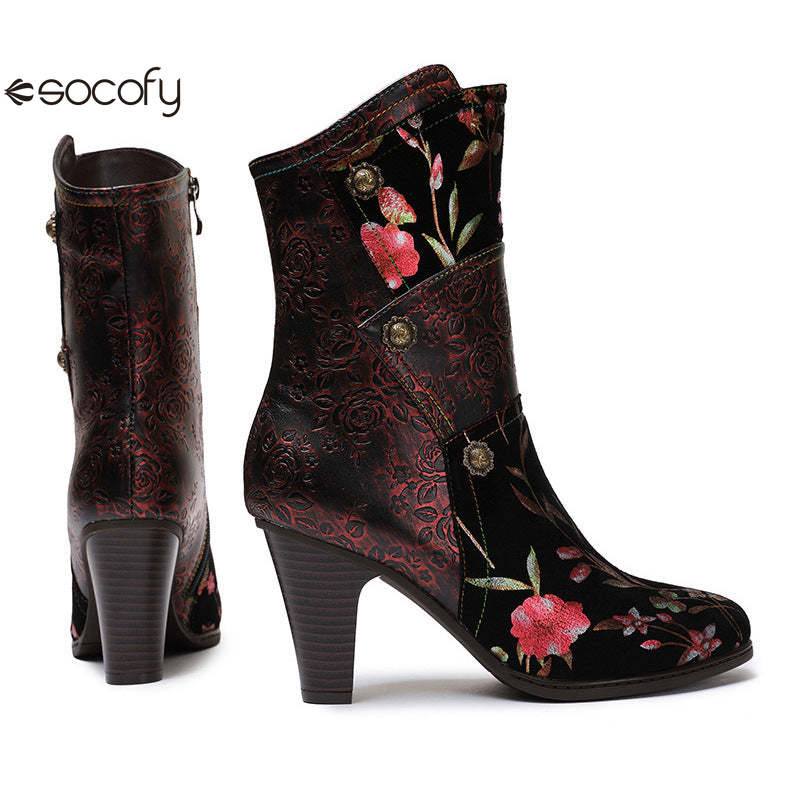 Socofy Vicconfy Court Leather Vintage Handmade High Heel Women's Boots