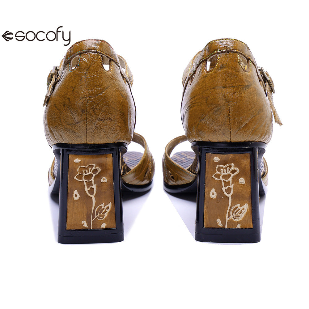 Socofy Leather Handmade Hollowed Out Vintage Heeled Sandals