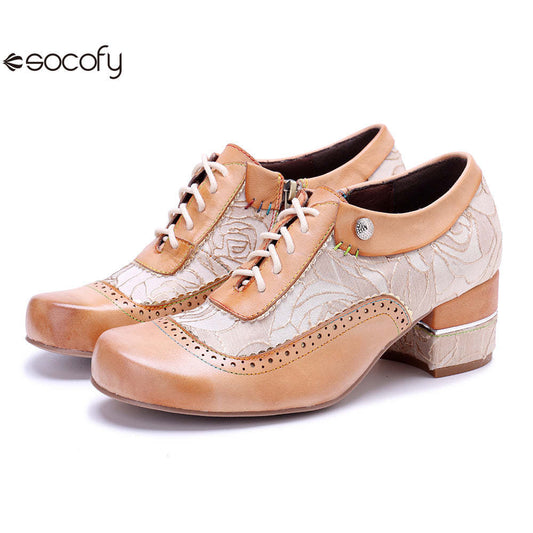 Socofy Genuine leather beige vintage brogue tassel side zipper pumps 1000