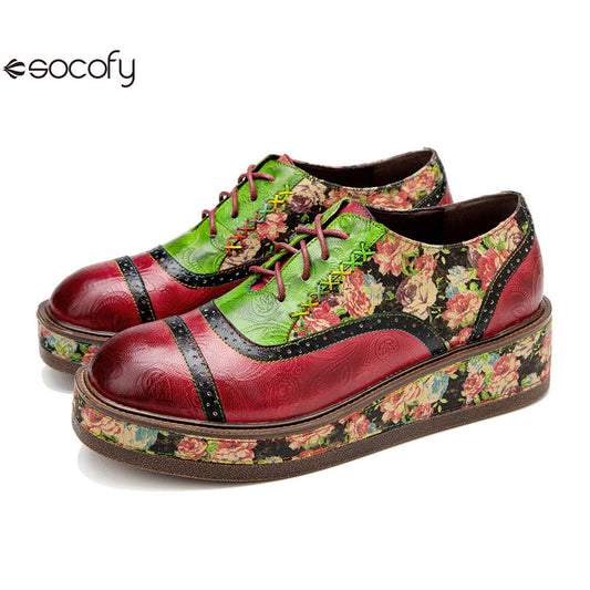 Socofy colour collision splicing lace-up thick bottom women's platform flat shoes 1000