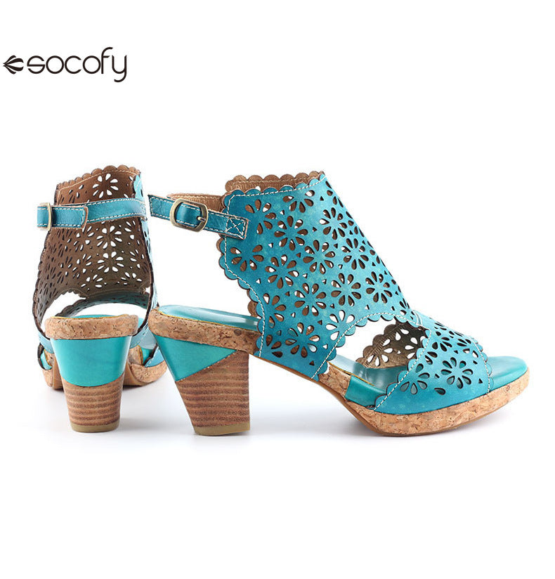 Socofy Vicconfy Open Toe Slingback Vintage Hollow Chunky Sandals