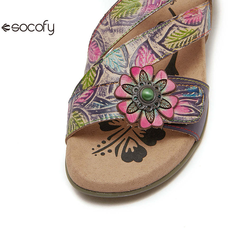 Socofy Bohemian retro first-layer cowhide flower-embellished women's sandals