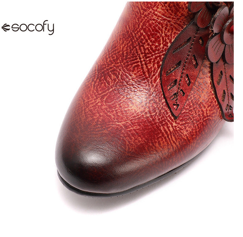 Socofy Genuine Leather Handmade Vintage Fashion Side Zipper High Heels Women's Shoes